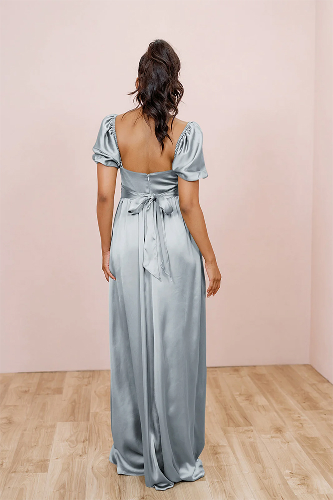 blue grey bridesmaid dresses satin simple long revelry