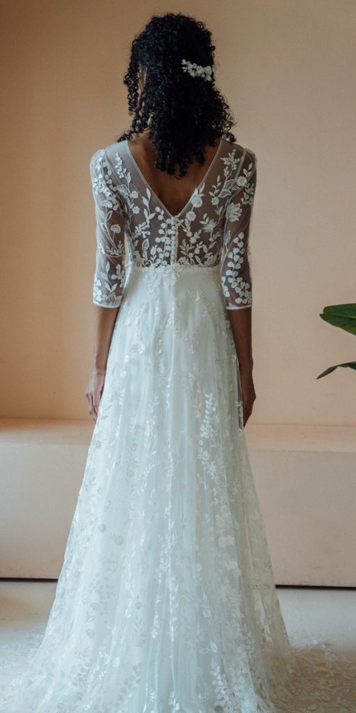 lace boho wedding dresses a line v back sleeves nadiamanzato
