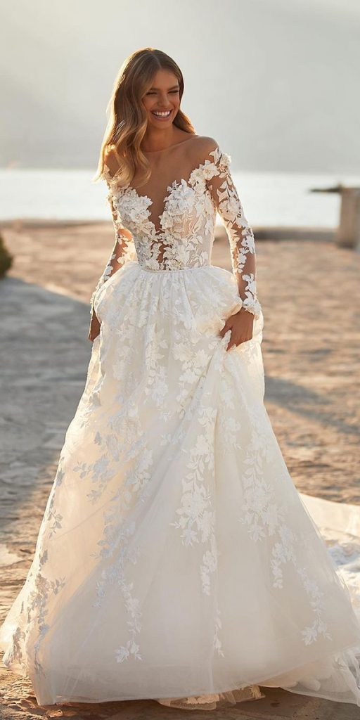 lace wedding dresses with sleeves illusion a line sweetheart neckline millanova