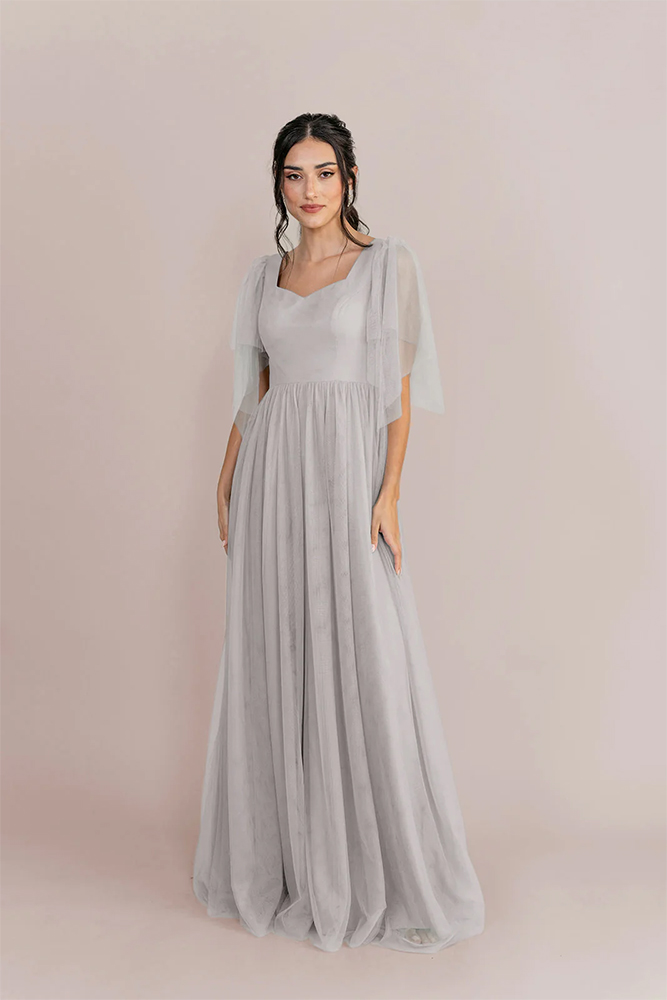 light grey bridesmaid dresses simple long revelry