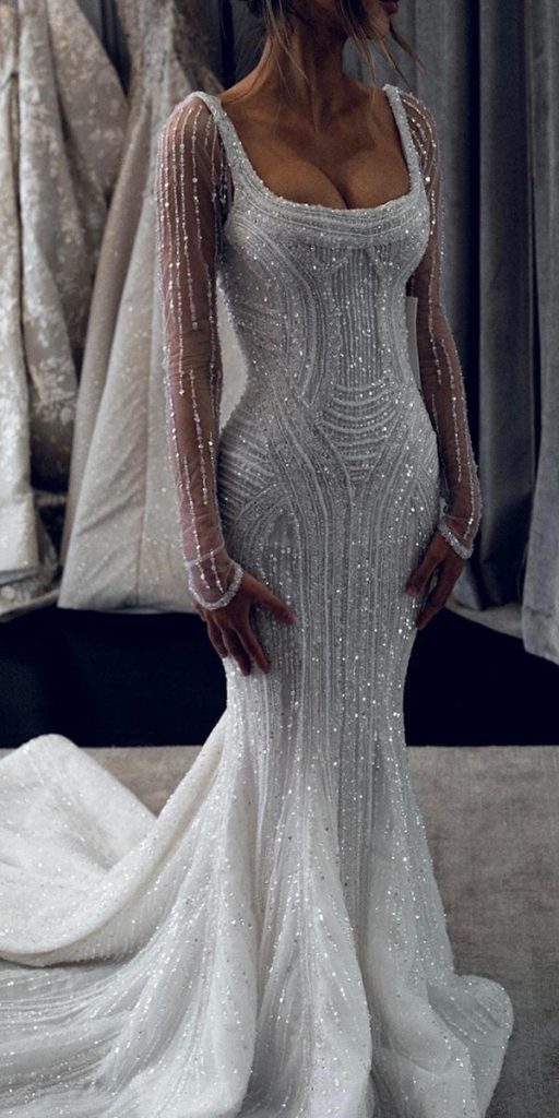 mermaid wedding dresses sequins with long sleeves leahdagloria