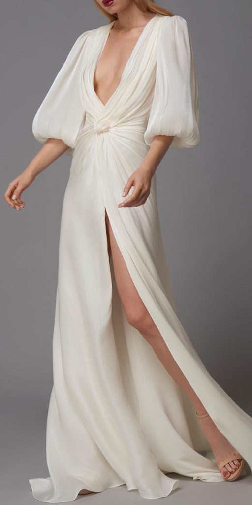 simple wedding dresses sheath deep v neckline slit with sleeves costarellos