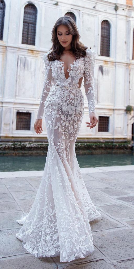 wedding dresses with long sleeves floral appliques sexy oksana_mukha