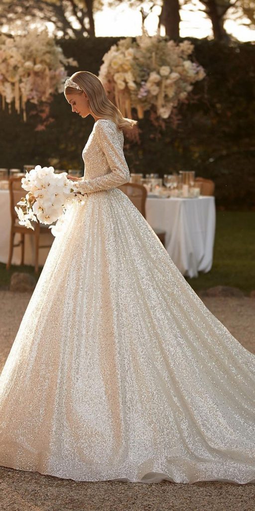 ball gown modest wedding dresses with long sleeves sequins millanova