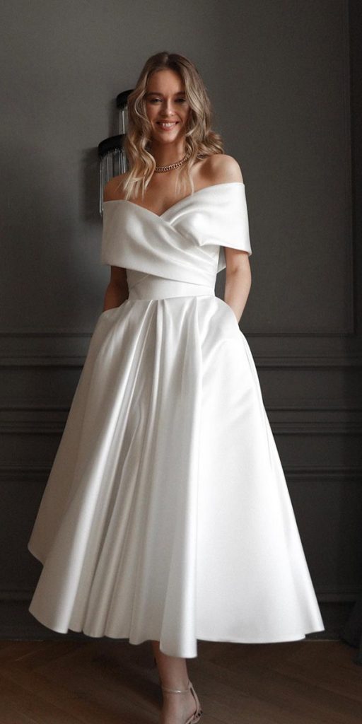 tea length wedding dresses simple off the shoulder white oliviabottega