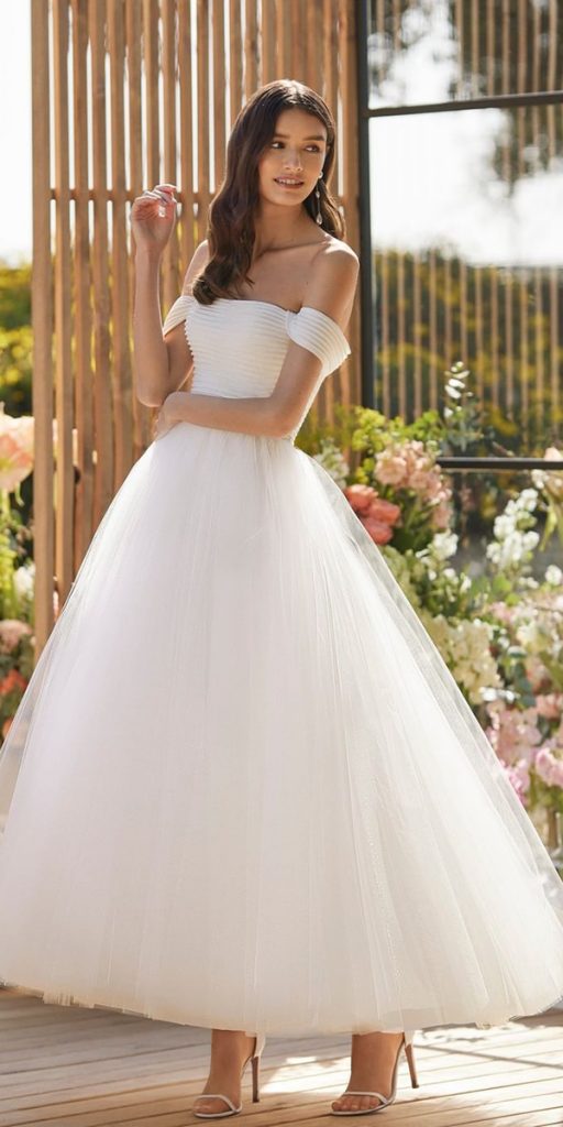 tea length wedding dresses white off the shoulder strapless neckline white rosa_clara