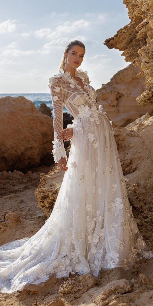 trendy wedding dresses with long sleeves floral appliques pninatornai