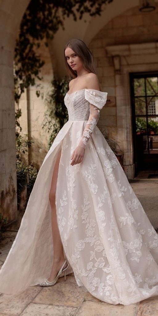 trendy wedding dresses with long sleeves off the shoulder floral lihihod
