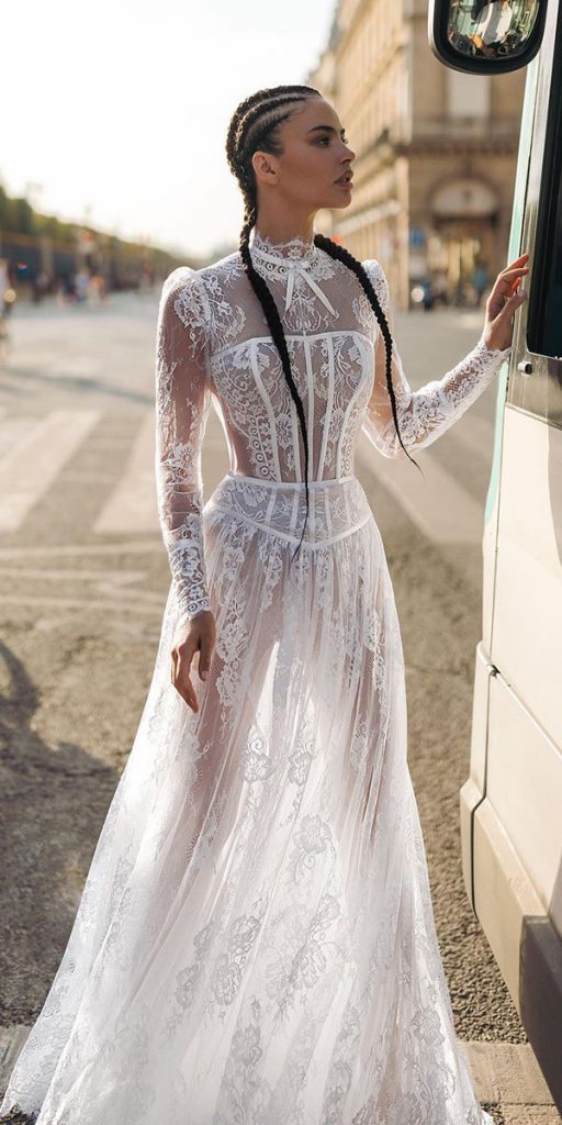 unique lace wedding dresses boho illusion sleeves sexy lior_charchy