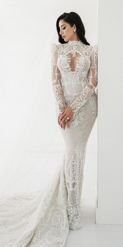 vintage wedding dresses fit and flare with long sleeves lace leahdagloria