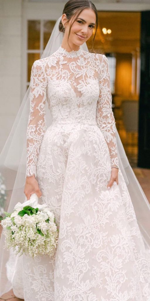 wedding dresses with lace sleeves high neck vintage a line monique