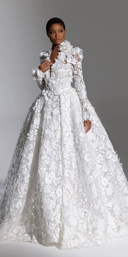 ball gown wedding dresses with long sleeves floral appliques pninatornai