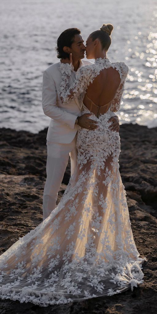 bridal gowns with sleeves open back lace beach tali__photography