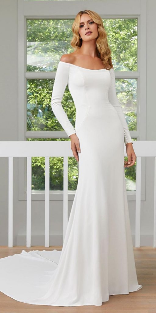 modest wedding dresses with sleeves sheath off the shoulder morilee