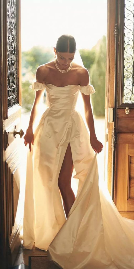 silk wedding dresses a line simple off the shoulder strapless savannahmiller