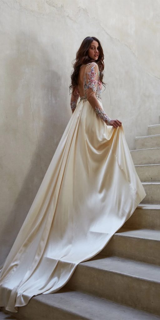 silk wedding dresses a line with long sleeves floral clairepettibone