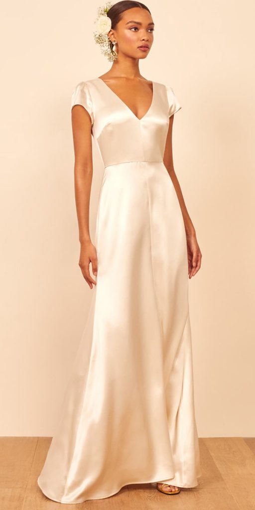 simple silk wedding dresses a line with cap sleeves reformation