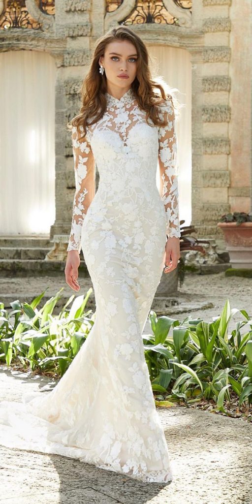 sweetheart mermaid wedding dresses lace with long illusion sleeves morilee