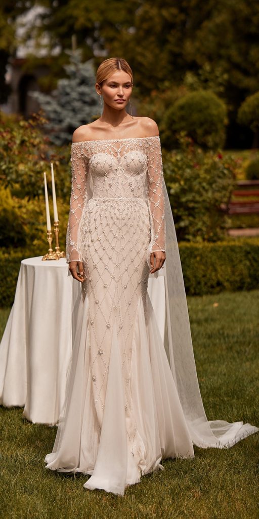 vintage wedding dresses with sleeves off the shoulder with cape jeweled luce sposa