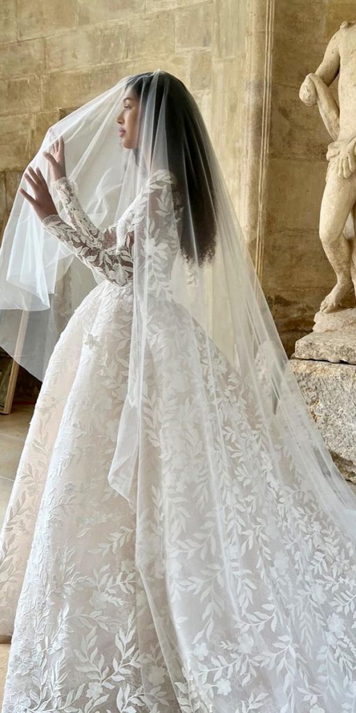 lace ball gown wedding dresses with long sleeves floral moniquelhuillier
