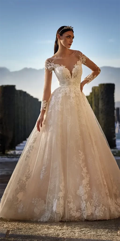 lace wedding with sleeves a line blush pronovias