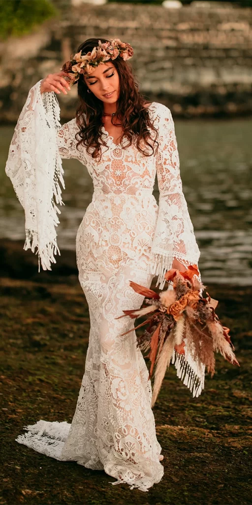 long sleeve wedding dresses sheath boho lace aw bridal