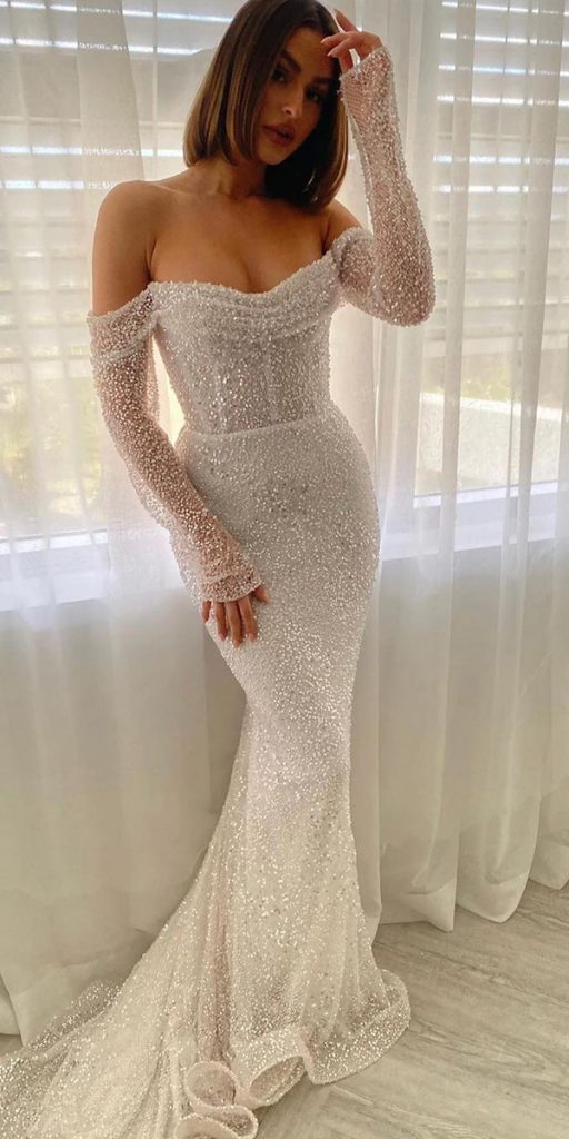 mermaid wedding dresses sequins with sleeves strapless neckline marquise