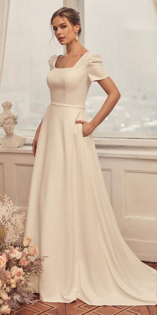 simple wedding dresses modest with cap sleeves moonlight
