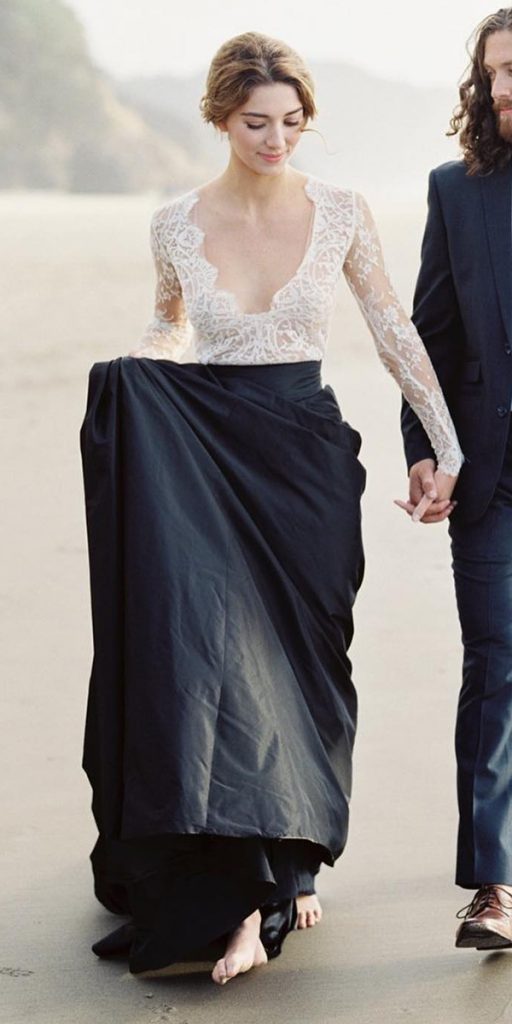 black wedding dresses with white lace top long sleeves emily riggs