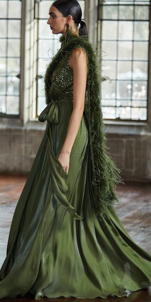 green wedding dresses long with sequins top with fur badgleymischka