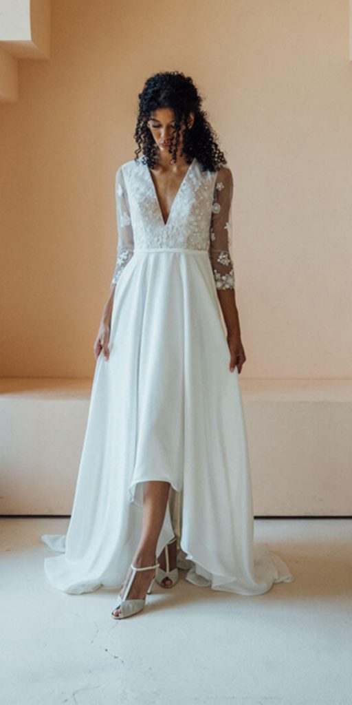 high low wedding dresses with long sleeves lace v neckline nadiamanzato