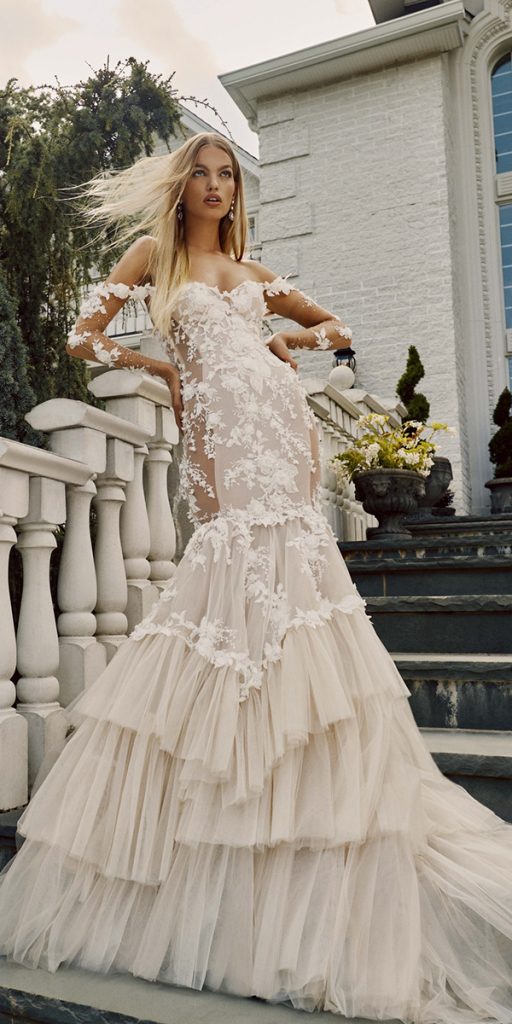 illusion long sleeve wedding dresses floral lace fit and flare galia lahav