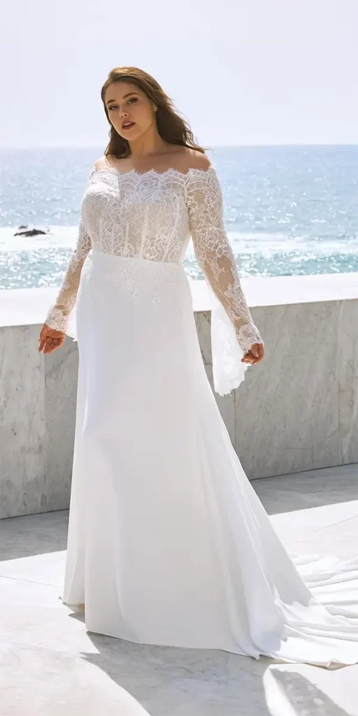 lace plus size wedding dresses sheath with long sleeves off the shoulder pronovias