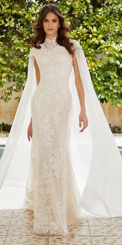 modest wedding dresses with sleeves sheath lace with cape morilee