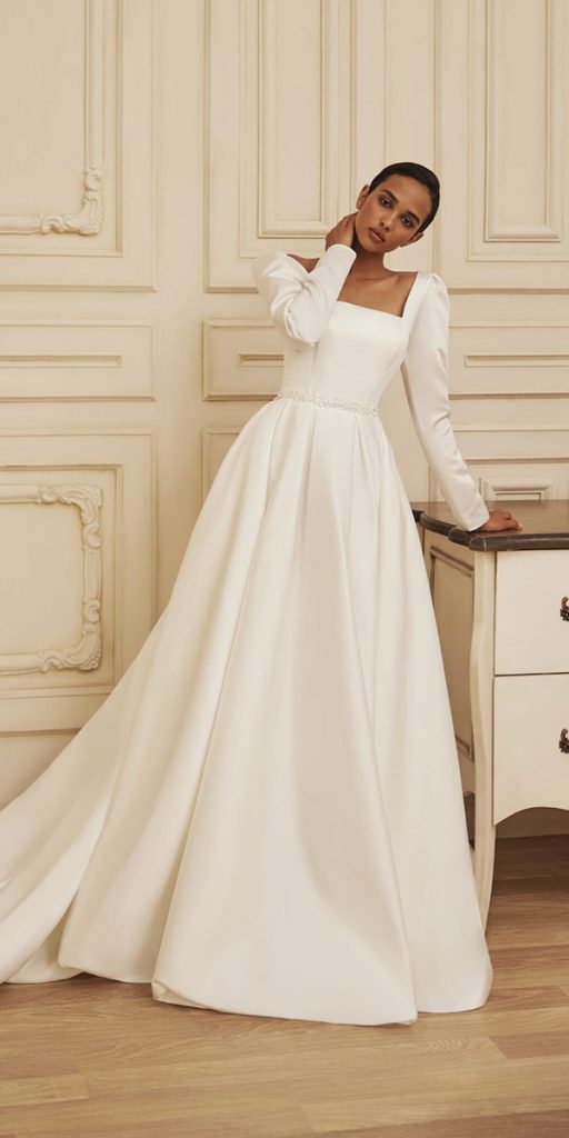 modest wedding dresses with sleeves square neckline simple a line katherine joyce