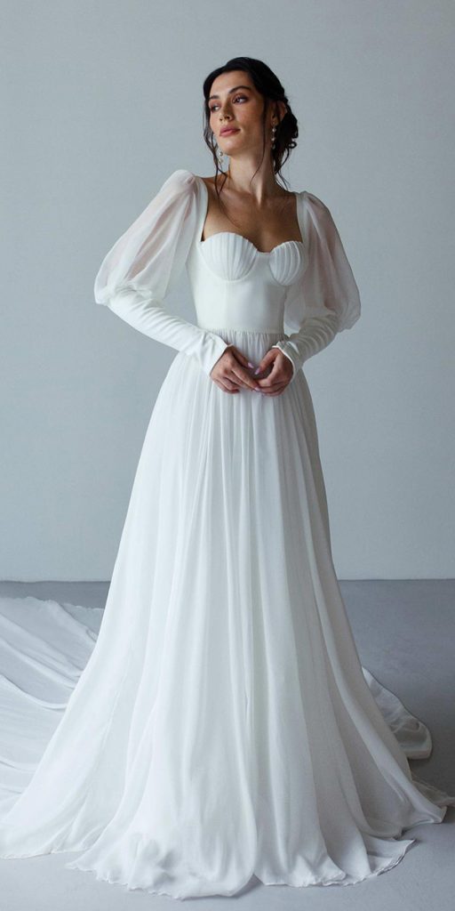 romantic bridal gowns simple a line with long sleeves reev bridal