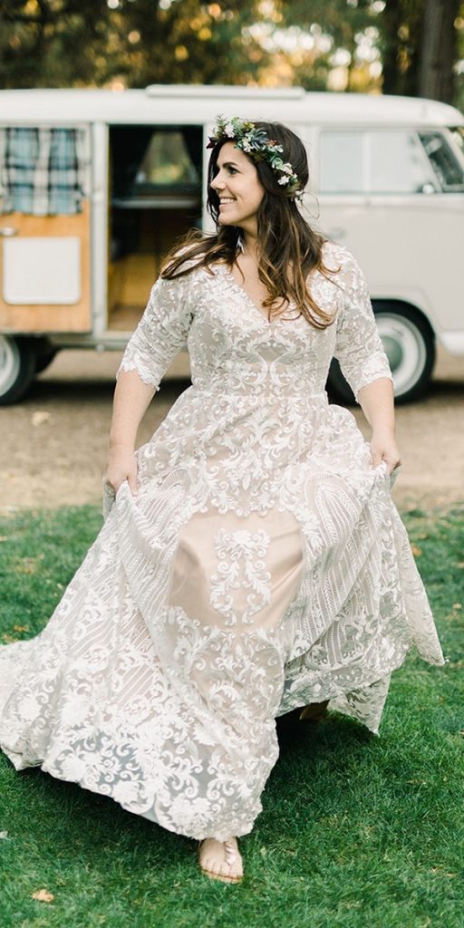 vintage lace plus size wedding dresses with long sleeves a line cocomelody