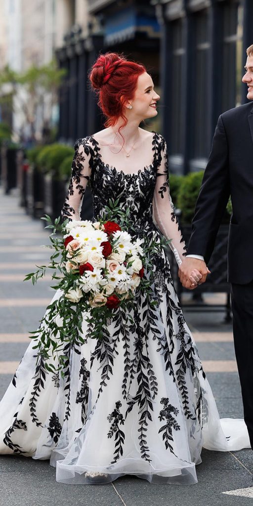  black and white wedding dresses a line with long sleeves floral moonlight