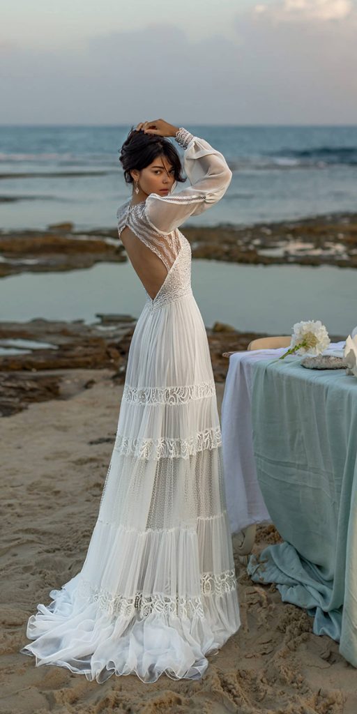 lace boho wedding dresses a line open back with long sleeves inbarfreiman
