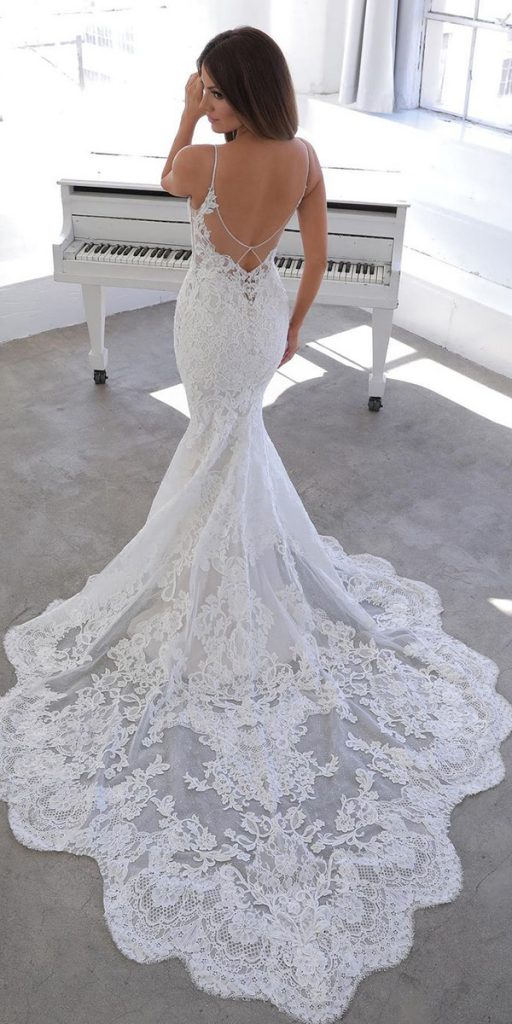 lace bridal gowns with spaghetti straps backless with train enzoani