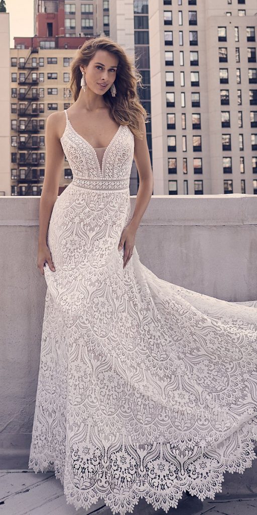 lace bridal gowns with spaghetti straps vintage boho sexy maggie sottero