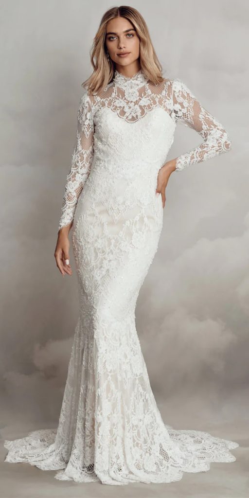 lace wedding dresses with sleeves mermaid sweetheart neckline catherine deane