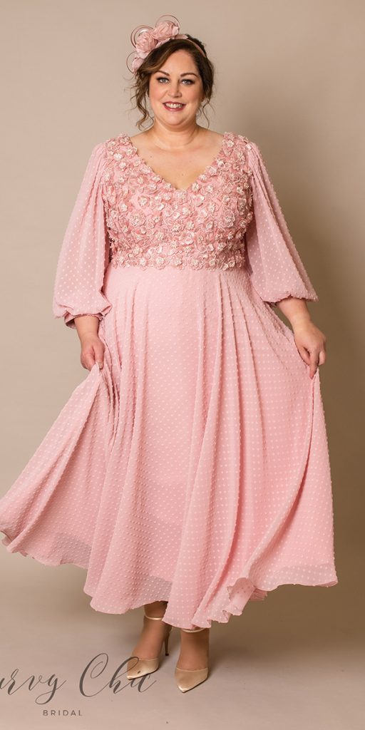 plus size mother of the bride dresses tea length pink floral appliques with sleeves curvychicbrida