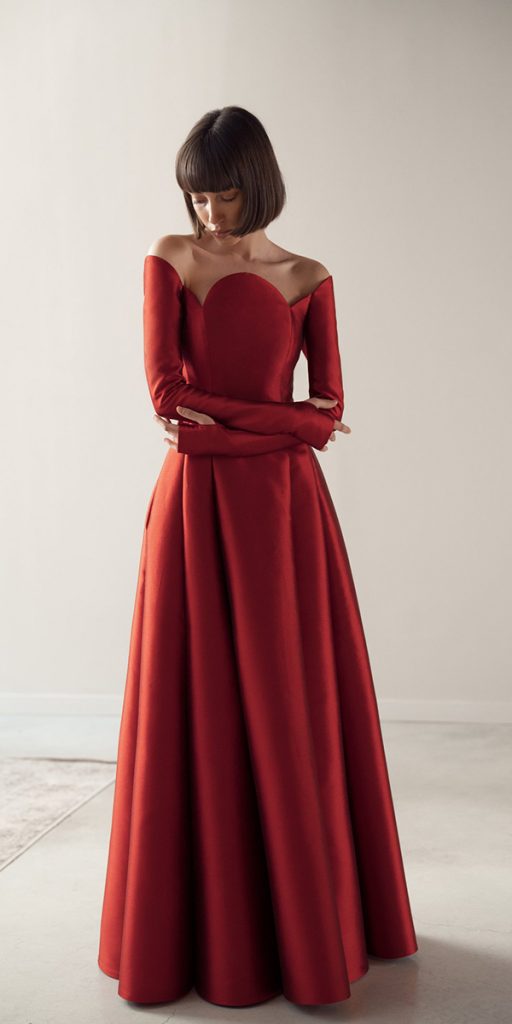 red wedding dresses a line simple with long sleeves strapless neckline chana marelous