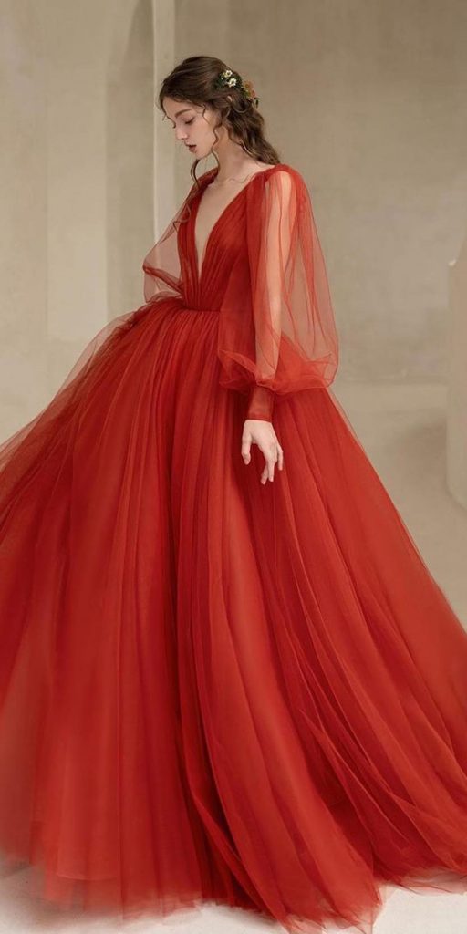red wedding dresses simple ball gown with long sleeves monique lhuiler