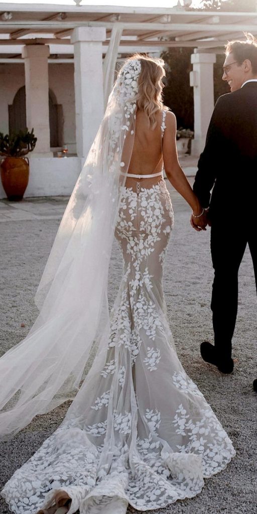 trendy wedding dresses lace mermaid backless train steven