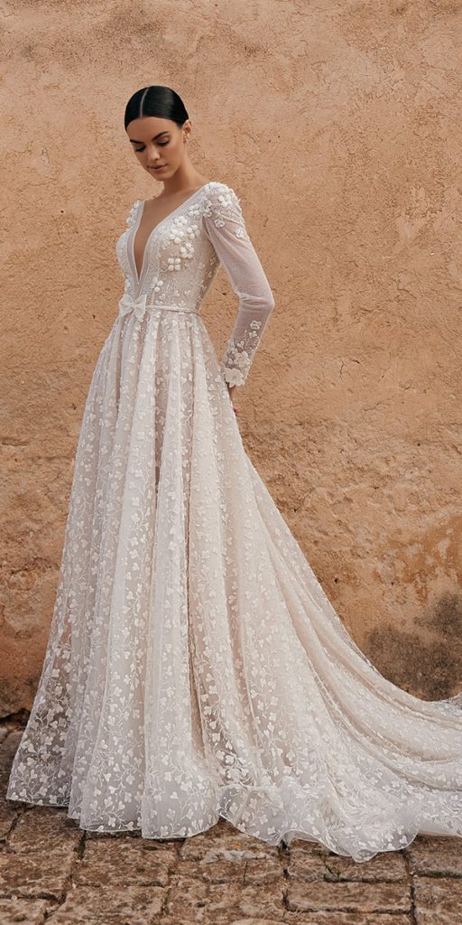 a line wedding dresses long sleeves v neckline floral appliques ariamo