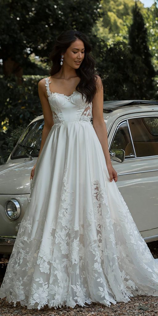 a line wedding dresses white with lace floral madilane
