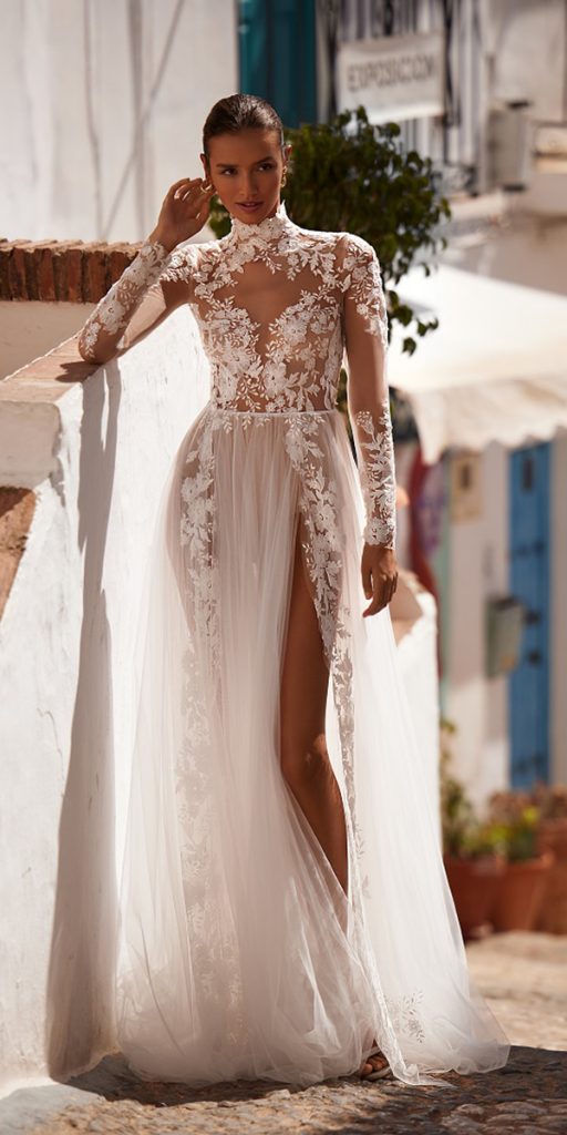beach destination wedding dresses lace with illusion sleeves lace julie vino