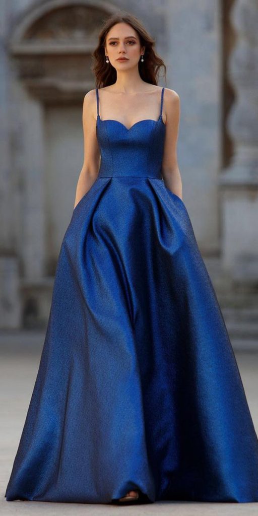 Simple Blue V Neck Spaghetti Straps Satin Long Prom Dress Formal Dress –  cherishgirls